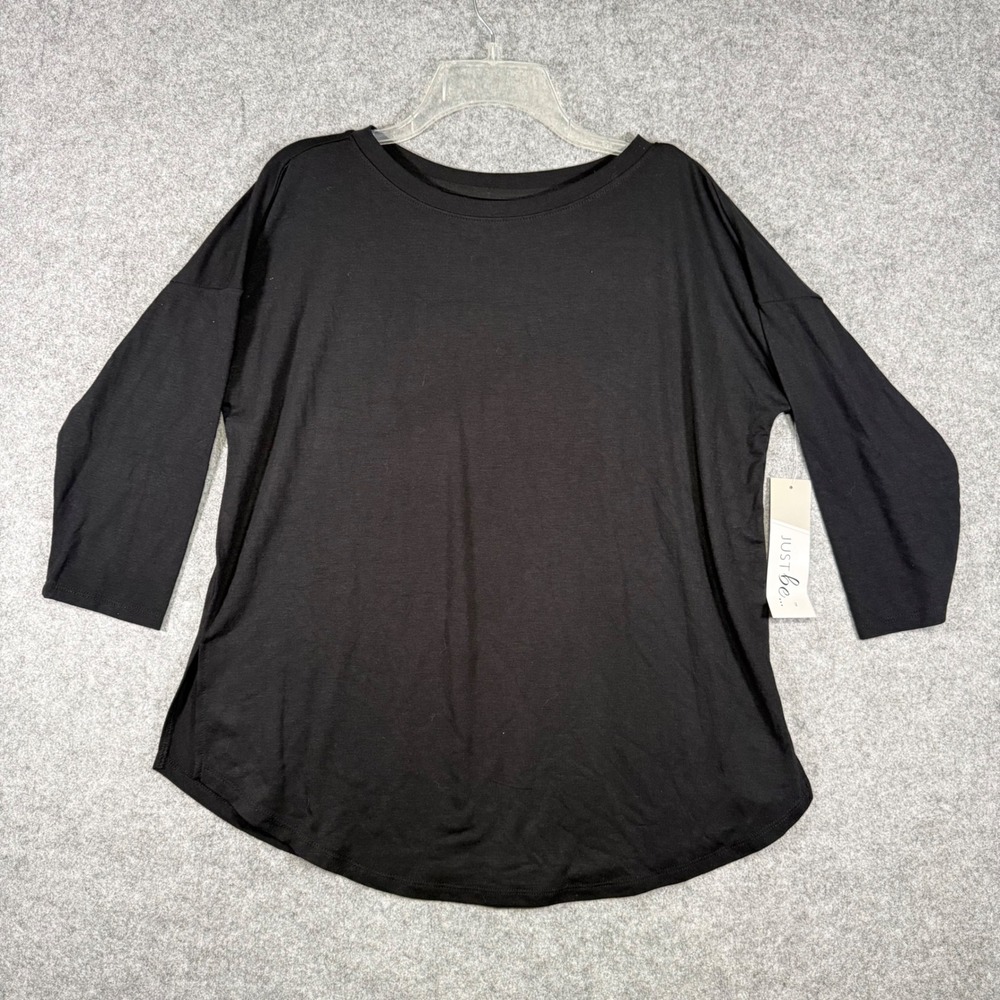 Just Be Tunic Top Women Medium Black 3/4 Sleeve Curved Hem NWT